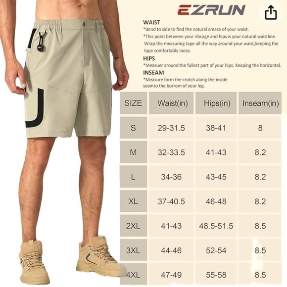 EZRUN Tactical Cargo Shorts Hiking Fishing Cycling  Water Repellent Khaki NWT - Picture 11 of 14